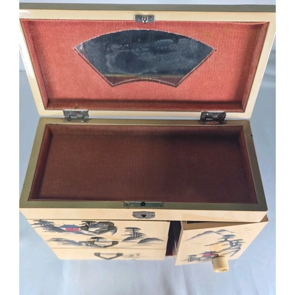 Japanese Lacquer‎ Three Drawer Lock Top with Key Jewelry and Music Box SEE PICS